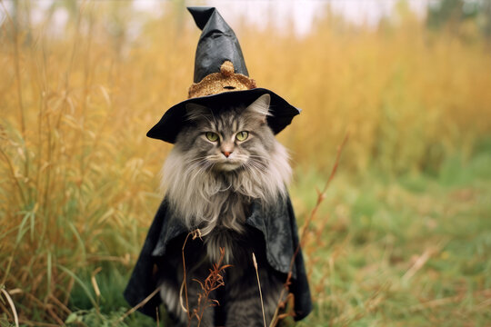 Cat in halloween witch costume outdoor