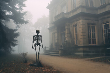 Halloween skeleton and old haunted house