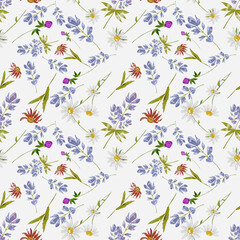 Trendy seamless floral textile print. Aerial flora pattern. Summer wildflowers  chamomiles seamless background. Vector, hand drawing