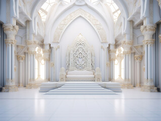 Fototapeta na wymiar Decorated empty throne hall. White throne.