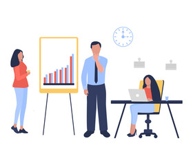 Businessmen man and woman presents growing statistic graph