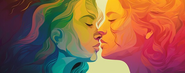 portrait of two woman kissing LGBTQ, Vibrant Celebration of Love: Colorful Silhouette of Two Women Kissing with Pride Rainbow in the Background