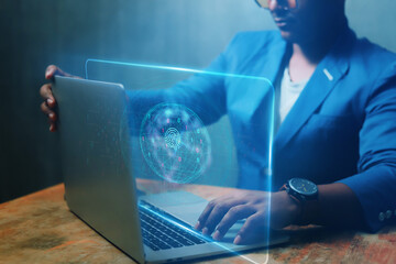 Businessman presenting metaverse graphics on futuristic business world laptop In the form of innovative technology, data protection, digital business processing, innovation of the 21st century
