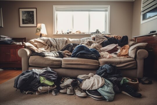Messy clothes sofa. Generate Ai