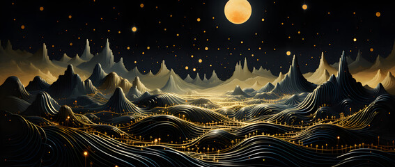 Collage with moon over mountains valley with a night sky, golden orange and black landscape.