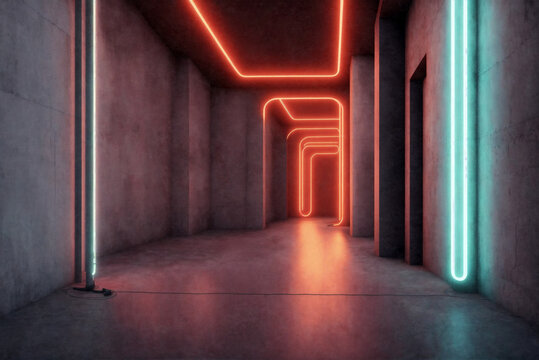 corridor with neon lights created with Generative AI technology