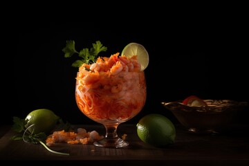 Shrimp cocktail, the in glass served dish. Decorated with lime
