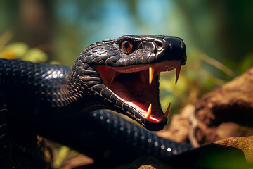 Head of Black Mamba Snake with Sharp Fangs Looks Dangerous in Jungle on Bright Day - obrazy, fototapety, plakaty