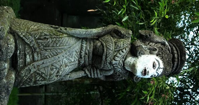 Vertical parallax shot of a religious statue in pura tirta empul temple on bali in indonesia in ubud in beautiful garden with view of trees and leaves in slow motion