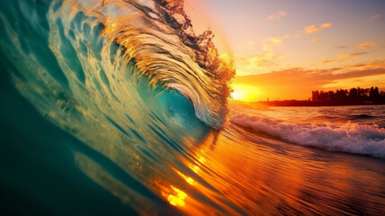 Colorful vibrant Sunset Sea water ocean wave in barrel shape for surfing 