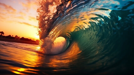 Colorful vibrant Sunset Sea water ocean wave in barrel shape for surfing 