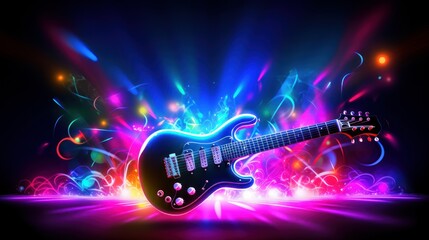 Obraz premium Guitar Neon Light Effect For Music Festival Background, Musical instruments. Generative Ai