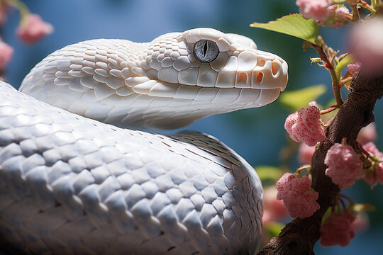 Head of White Snake Wild Animal Looks Dangerous in Forest Jungle on Bright Day
