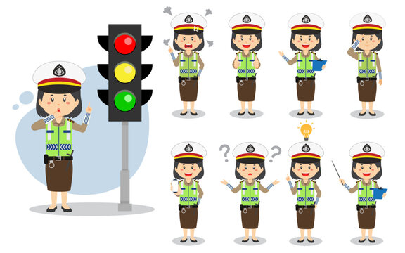 Indonesian Traffic Police Woman Character With Various Activities