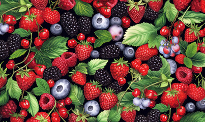  a bunch of berries and raspberries on a black background.  generative ai