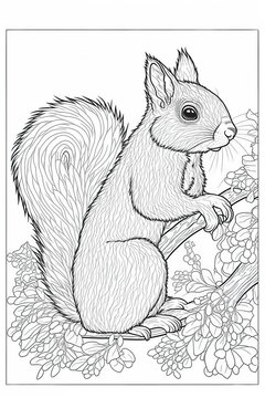 Printable coloring page outline of cute cartoon squirrel on tree .  Coloring book of forest wild animals for kids. Generative AI