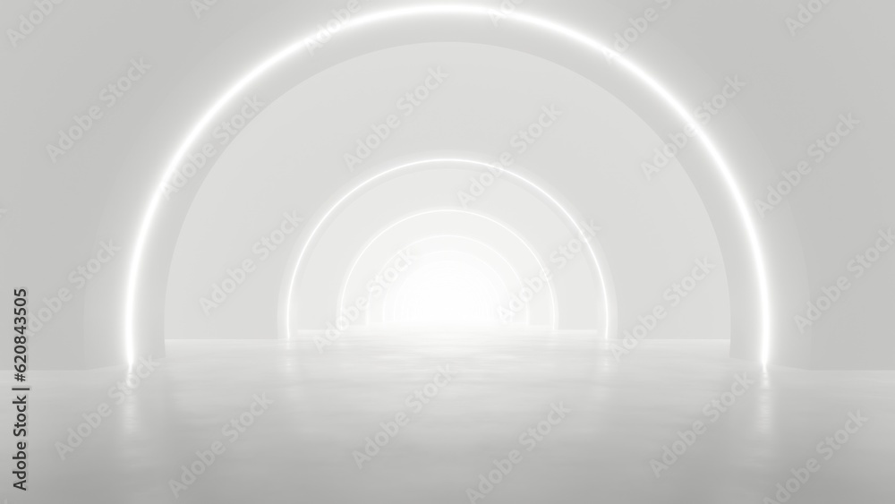 Fototapete 3d rendering of white abstract sci-fi tunnel, futuristic spaceship corridor.