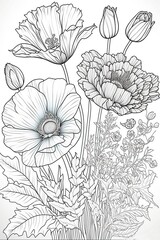 Coloring page with field flower, poppies. War symbol. Children coloring page, full page, ready for printing  