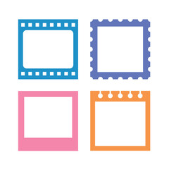A set of border frame illustrations in the form of films, notes, and postage stamps.