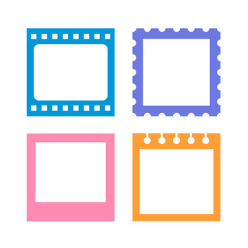 A set of border frame illustrations in the form of films, notes, and postage stamps.