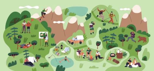 Tuinposter Tourists travel. Camping, hiking, trekking, backpacking tourism concept. Summer trips, expeditions, adventures in nature, forest, mountains. Backpacker, hikers on holiday. Flat vector illustration © Good Studio
