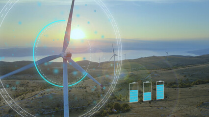 Graphic added on Windmill collecting clean energy and charging battery