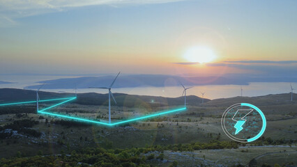 Windmill farm at sunset. Aerial view of wind renewable turbine power generation charging energy storage supply for smart city.  Added Graphic 