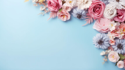 Wedding flower frame on blue pastel background 
