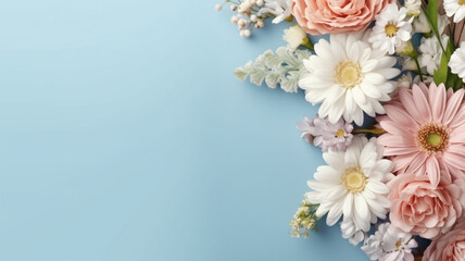 Fototapeta na wymiar Wedding flower frame on blue pastel background 