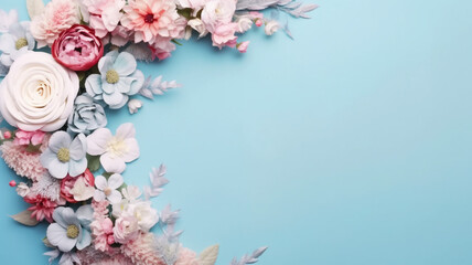 Wedding flower frame on blue pastel background 