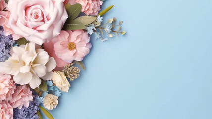 Wedding flower frame on blue pastel background 