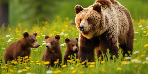 Mother brown bear and her cubs, generative ai