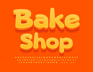 Vector bright logo Bake Shop. Playful orange Font. Set of 3D funny style Alphabet Letters, Numbers and Symbols