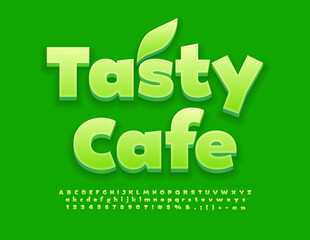 Naklejka premium Vector marketing banner Tasty Cafe with decorative Leaf. Green Alphabet Letters, Numbers and Symbols set. 3D modern Font