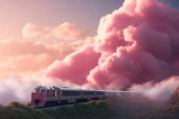 Fototapeta na wymiar Train pink clouds riding. Generate Ai