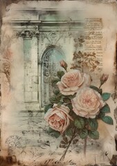 Romantic canvas with roses edge,soft faded colors. Great for greeting, celebration cards, wedding invitations, Valentine's Day celebration. Cover for books or letters. Generative AI