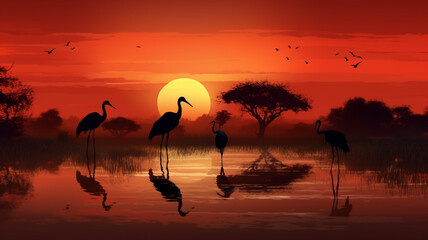 Sunset in Africa with animals silhouette
