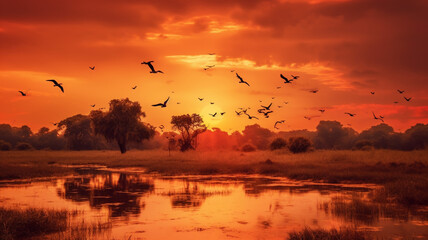 Sunset in Africa with animals silhouette - obrazy, fototapety, plakaty