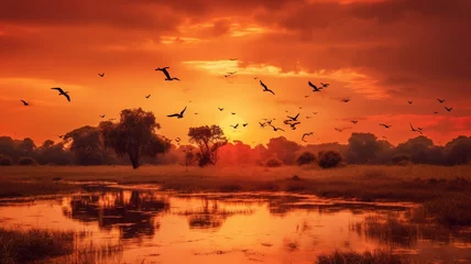 Papier Peint photo Orange Sunset in Africa with animals silhouette