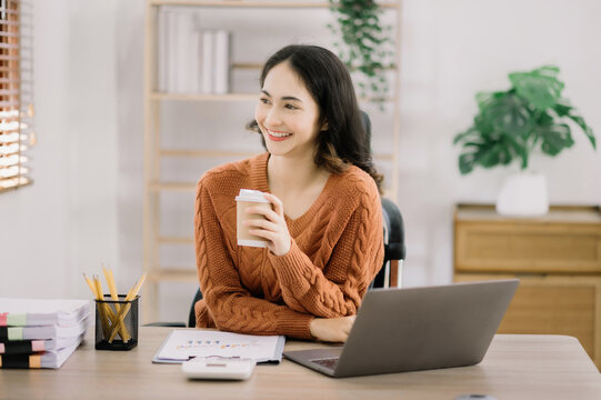 businesswoman sitting in office chair relaxing, female feeling peaceful resting at workplace.