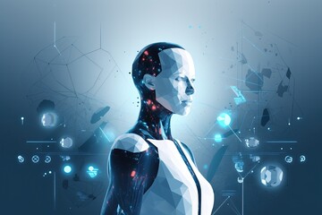 Glowing  line Robot humanoid, icon isolated on blue  background. Artificial intelligence, machine learning, cloud computing. Laptop at the background. 