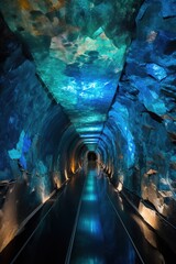 Tunnel at the length of infinity, reaching the blackness of the cosmos. Tunnel under glacier river filled with various luminous ore veins, gems and ingots. Generative AI