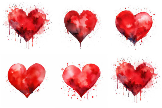 Set with watercolor red heart on white background