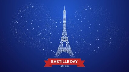 Happy Bastille Day Text Animation with fireworks in the background. Great for Bastille day france Celebrations, Ceremonies, Festivals, greetings, and banners. Happy Bastille day 14th of july.