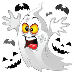 Ghost Funny Halloween Cartoon Character Scared by Evil Pumpkins and Bats Vector Illustration isolated on white 