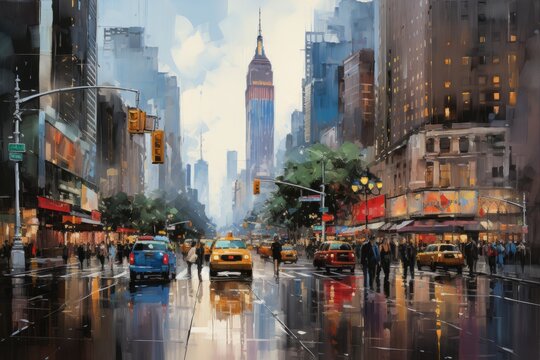 Knife Oil Painting of Capture the Vibrant Energy of New York City Street, Generative AI