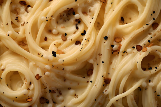 a macro close-up image of cooked italian pasta noodles spaghetti or linguine with cream sauce and ground black pepper filling the frame. Generative AI technology