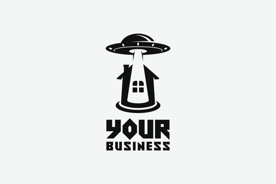 Creative logo design depicting a UFO shining a beam on a house- Logo Design Template	
