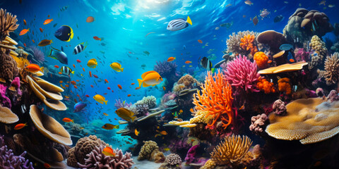 Fototapeta na wymiar Aquatic Symphony: Vibrant Coral Reef with Colorful Fish in Underwater Paradise