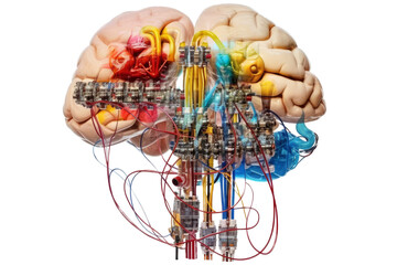 Colorful collage of brain, engine, education, discovery, light bulb, technology with transparent background. Generative AI 12